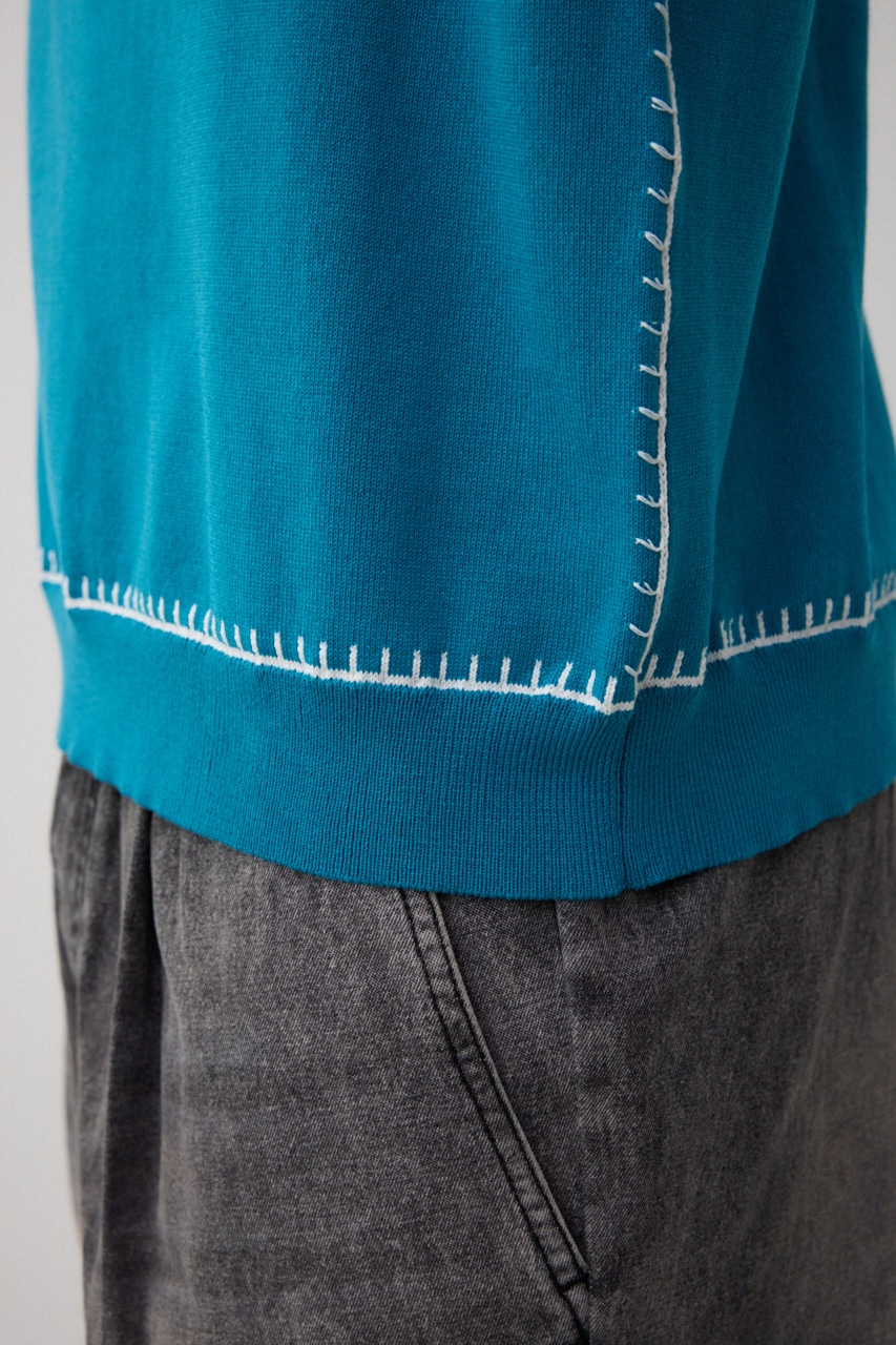 ブランケットステッチ半袖ニット BLU FREE