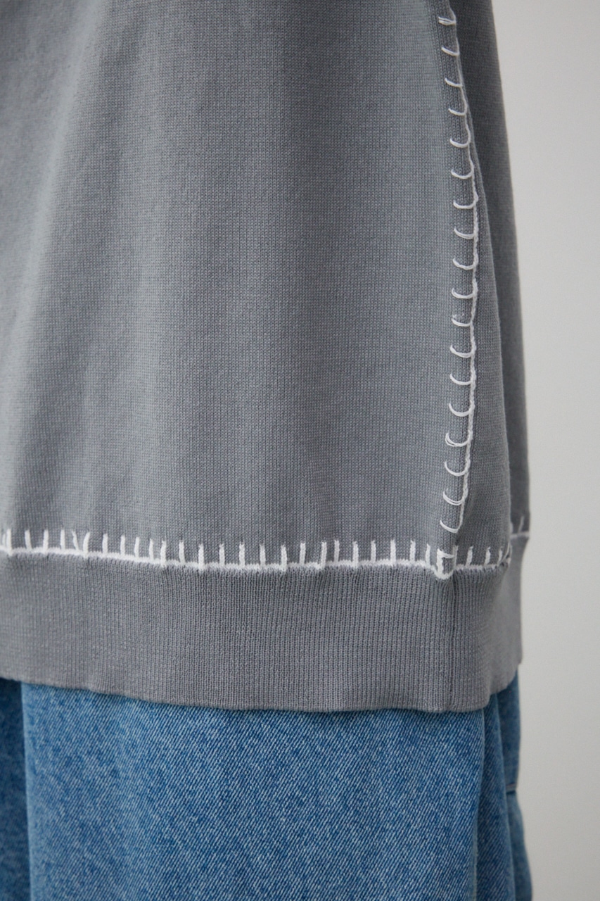 ブランケットステッチ半袖ニット L/GRY FREE