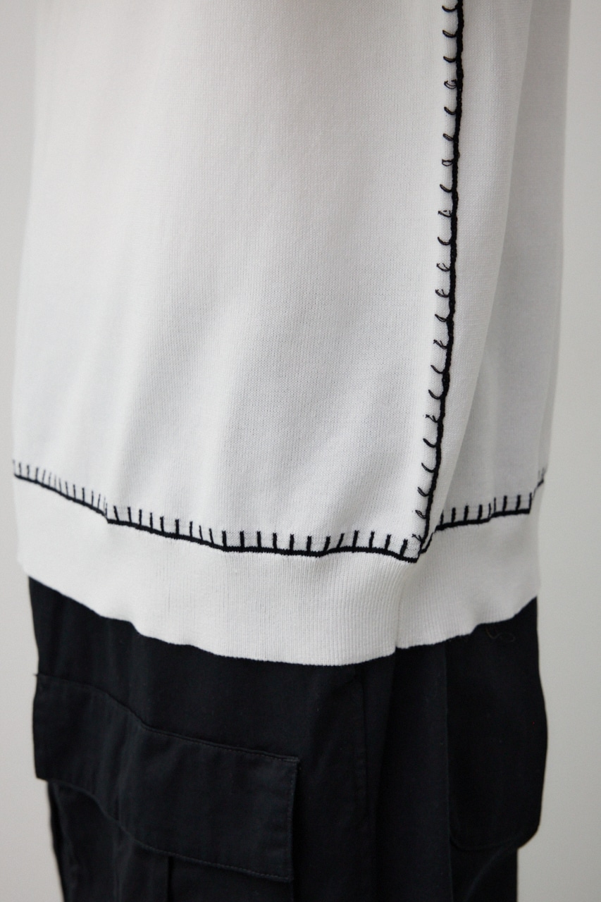 ブランケットステッチ半袖ニット O/WHT FREE