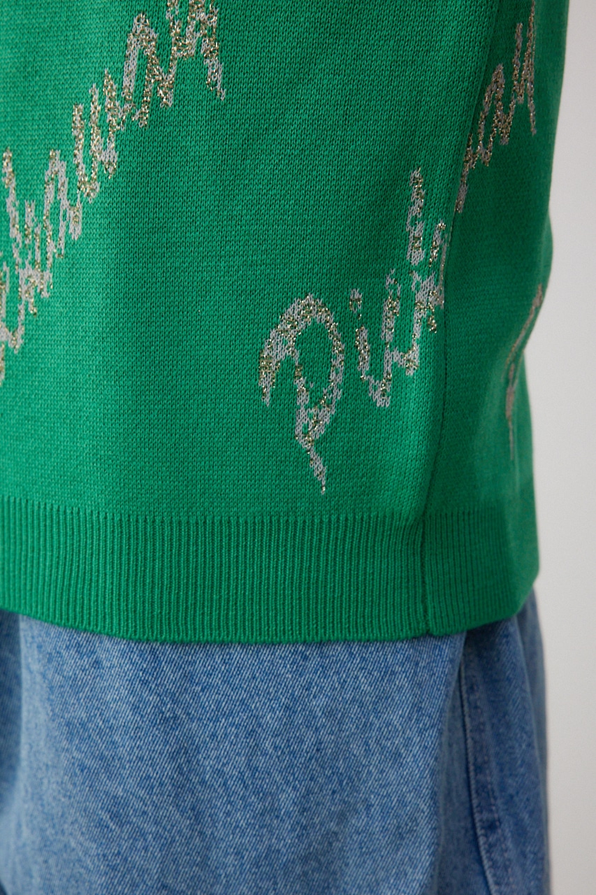 ゴールド総柄半袖ニットトップス 柄GRN FREE