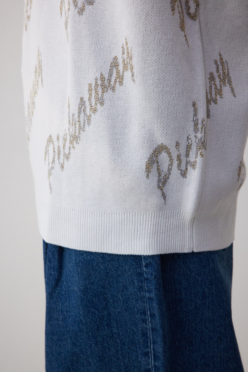 ゴールド総柄半袖ニットトップス 柄WHT FREE