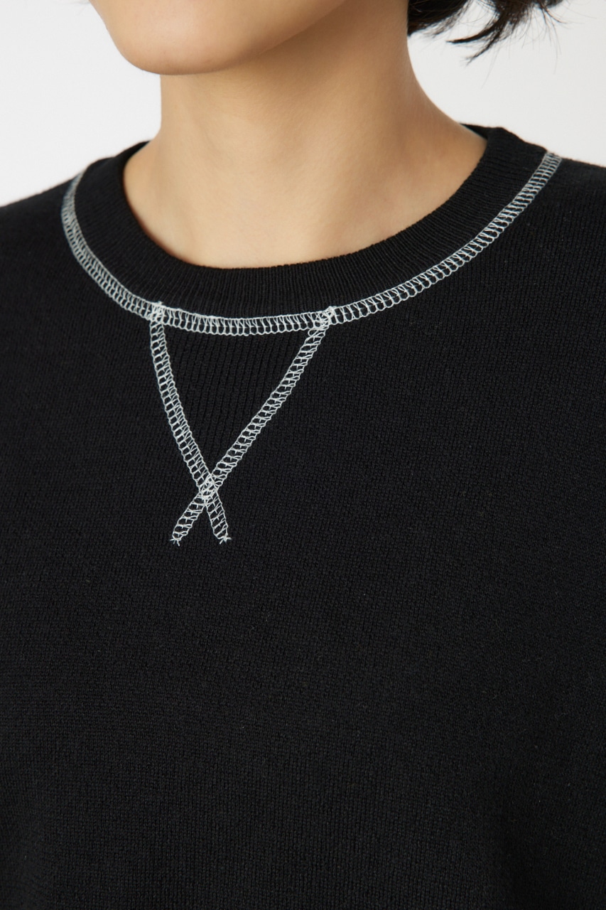 スウェットライクカラーステッチニットトップス BLK FREE