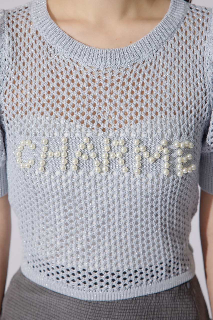 メッシュロゴショートニットトップス L/BLU FREE