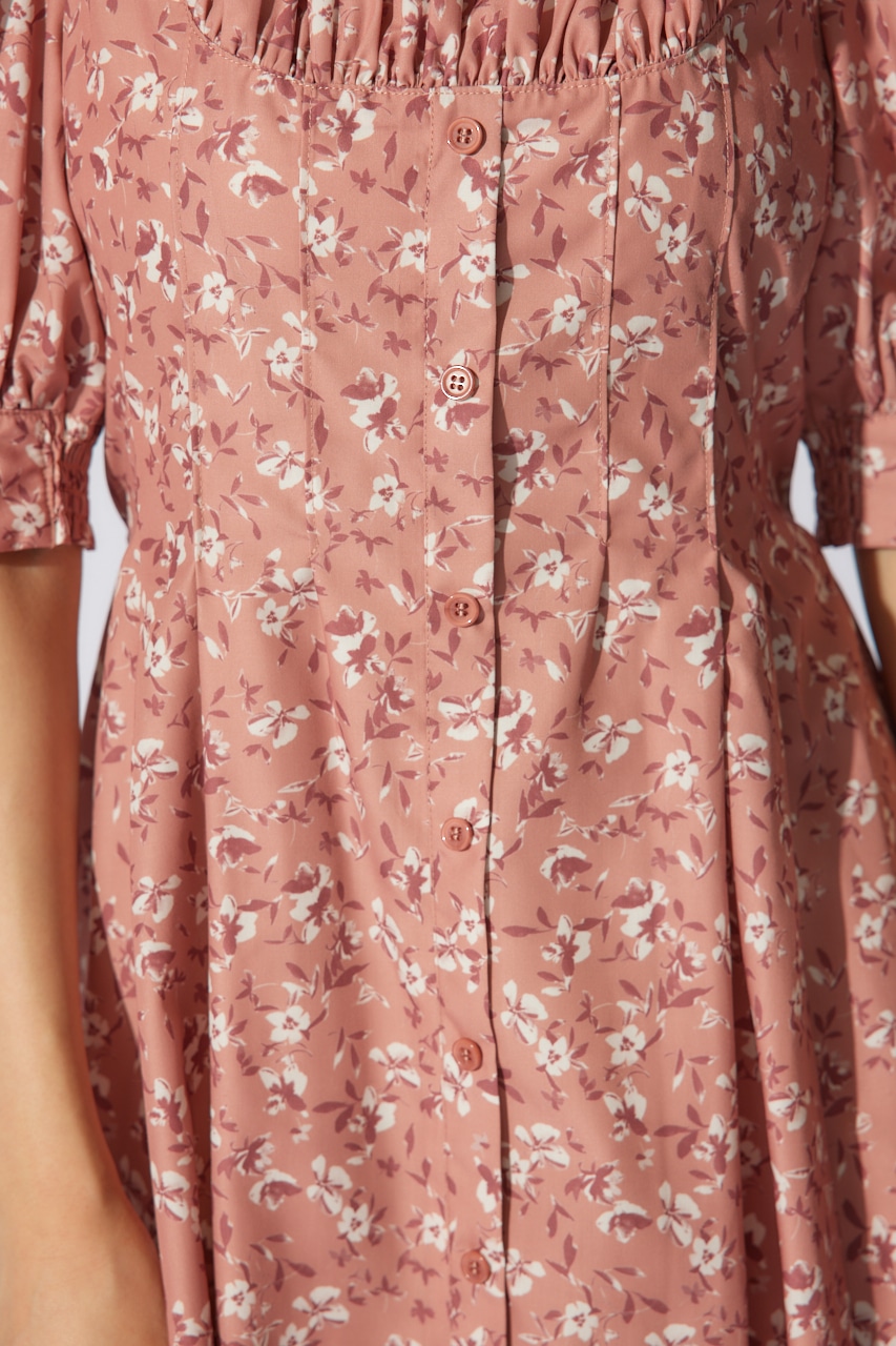 バストギャザーデザインフレアワンピース 柄RED S