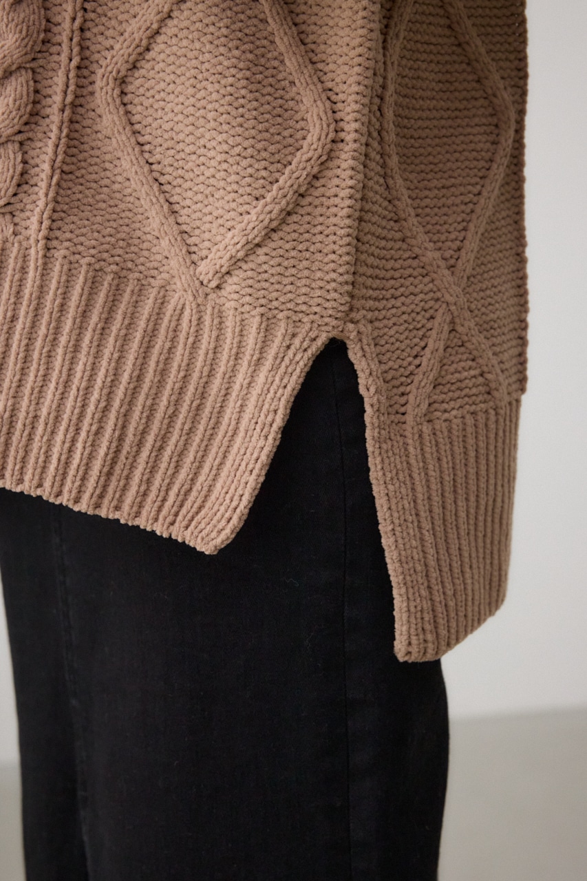 シェニールケーブルVネックロングニットトップス BEG M