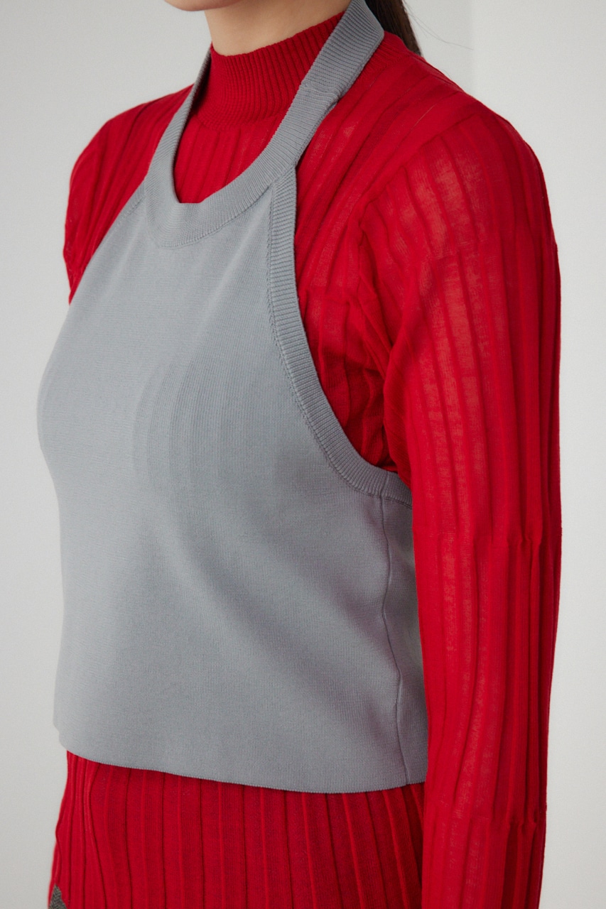 【PLUS】ホルターネックレイヤードセットニット RED FREE