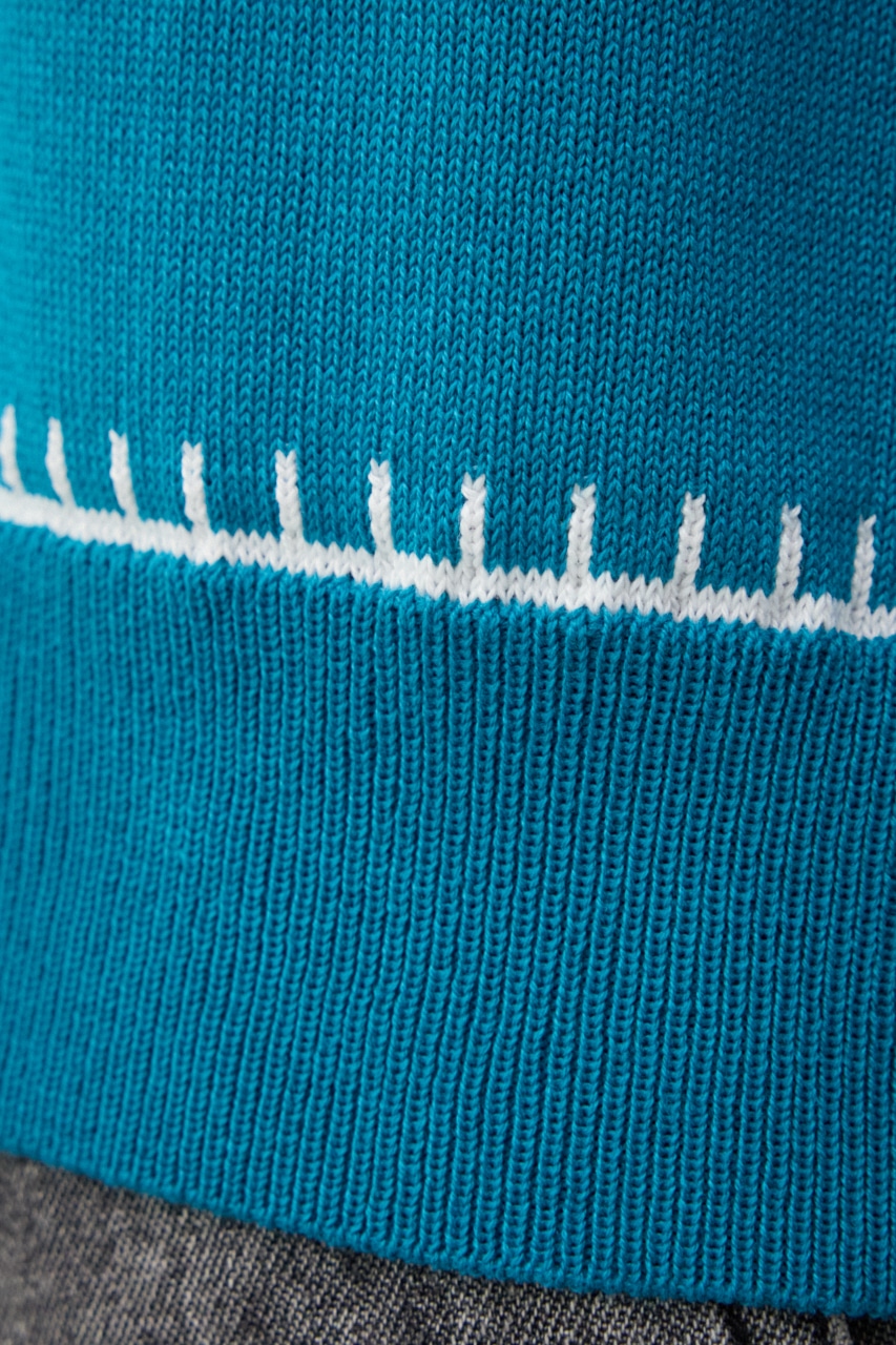 ブランケットステッチ半袖ニット BLU FREE