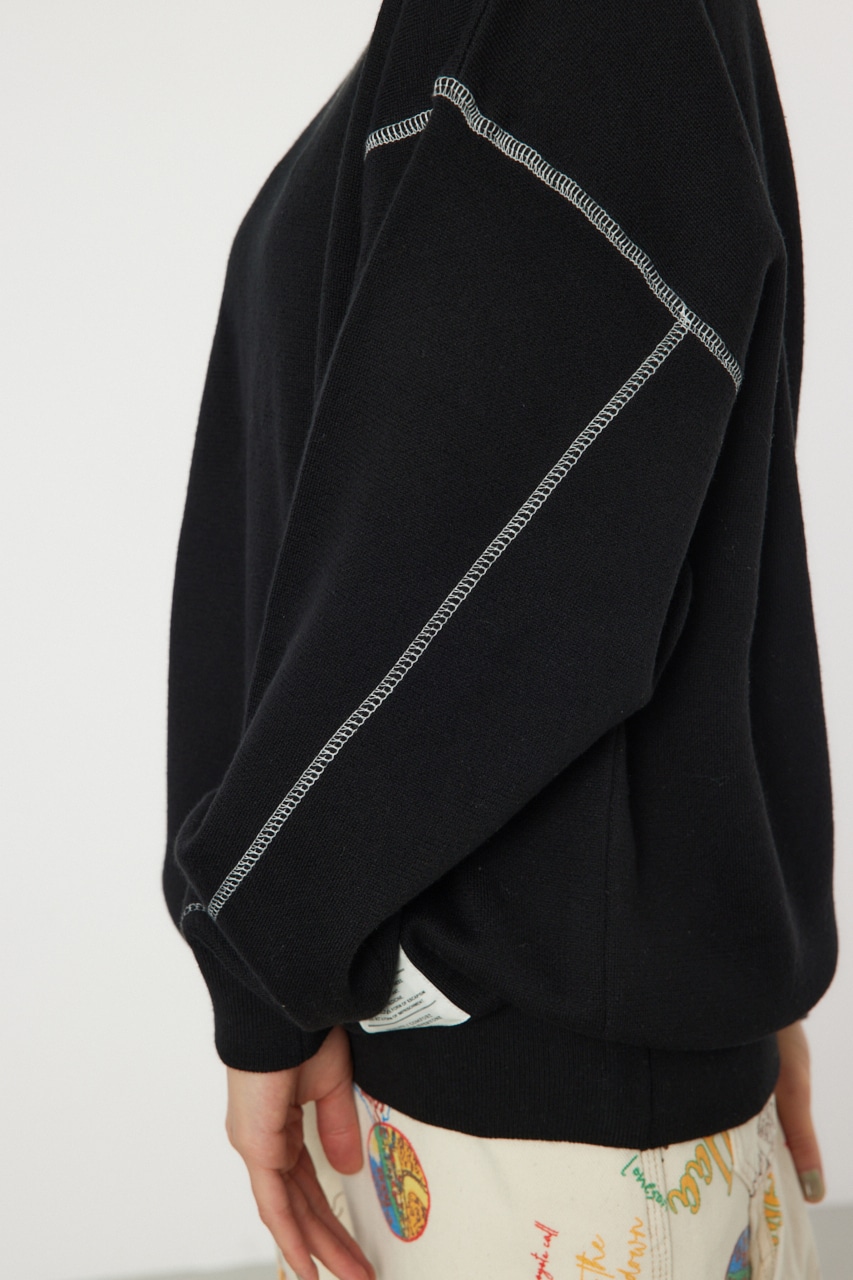 スウェットライクカラーステッチニットトップス BLK FREE