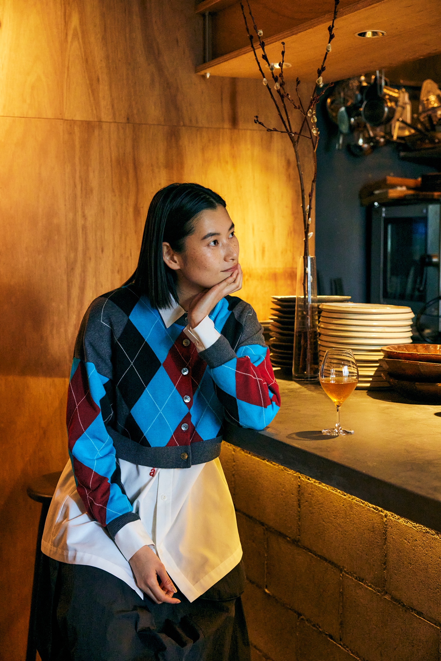argyle spring cotton-knit college cardigan｜M｜C.GRY｜knit wear 