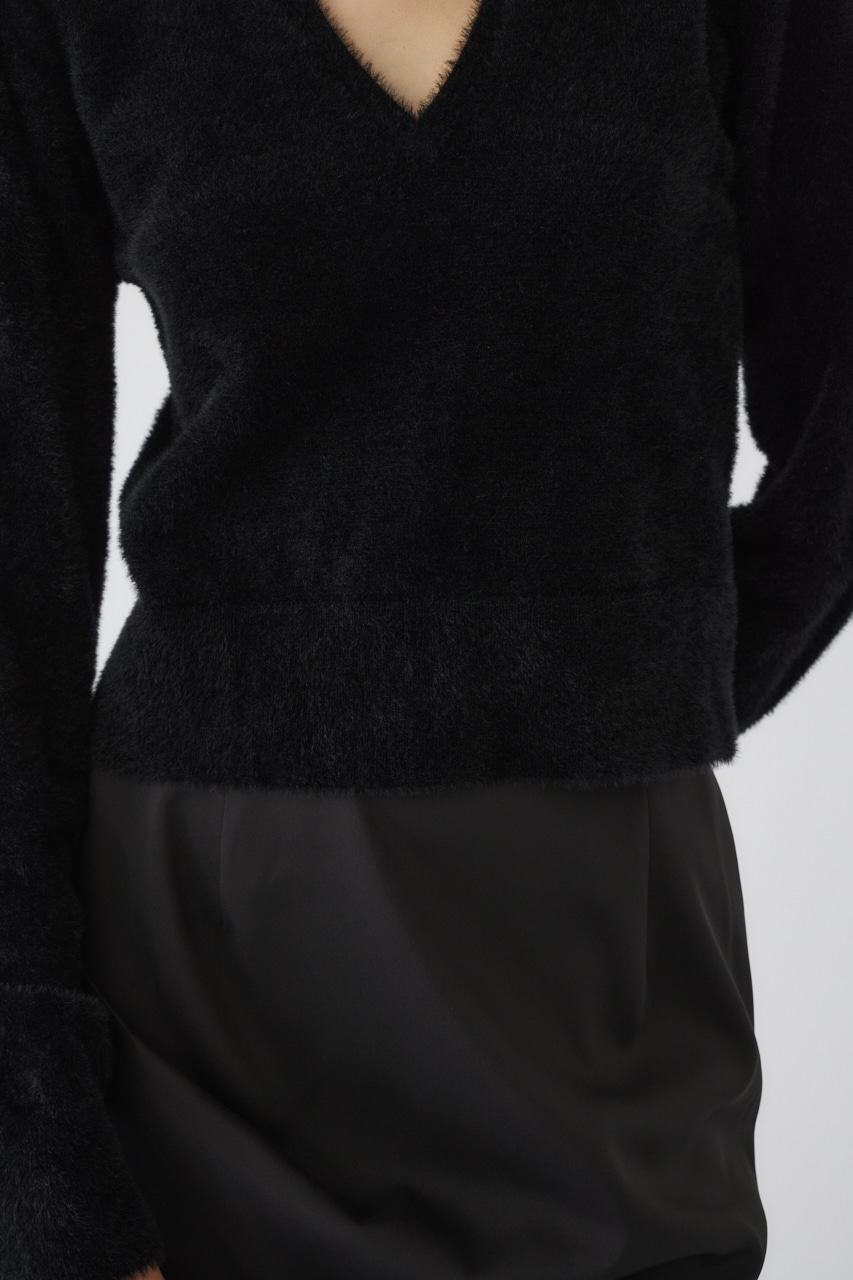 【LIMITED SALE】Shaggy v neck knit tops BLK FREE