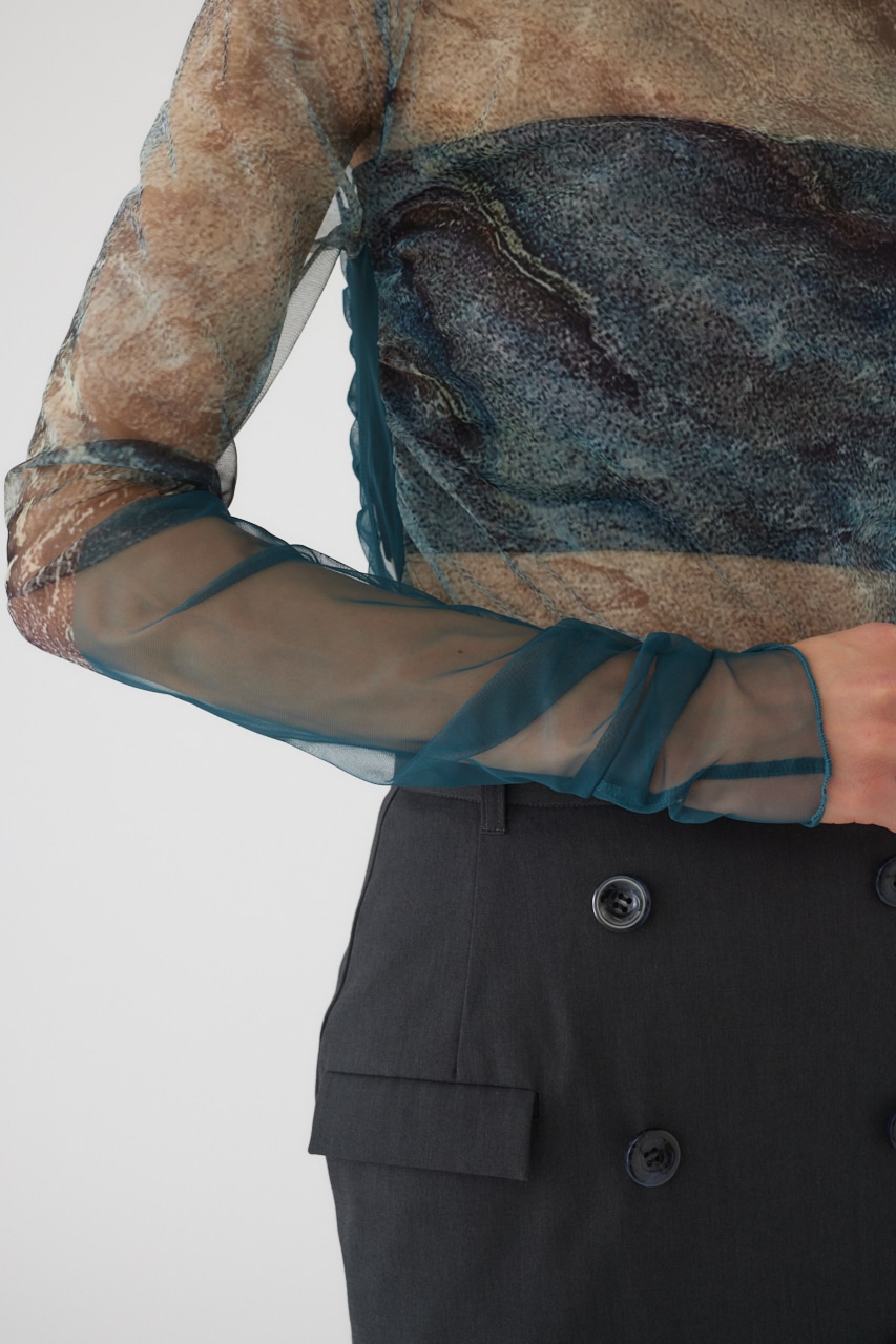 Photograph printed tops L/BLU FREE