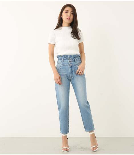 rienda | ウエストフリルハイウエストデニムアンクルテーパードパンツ  