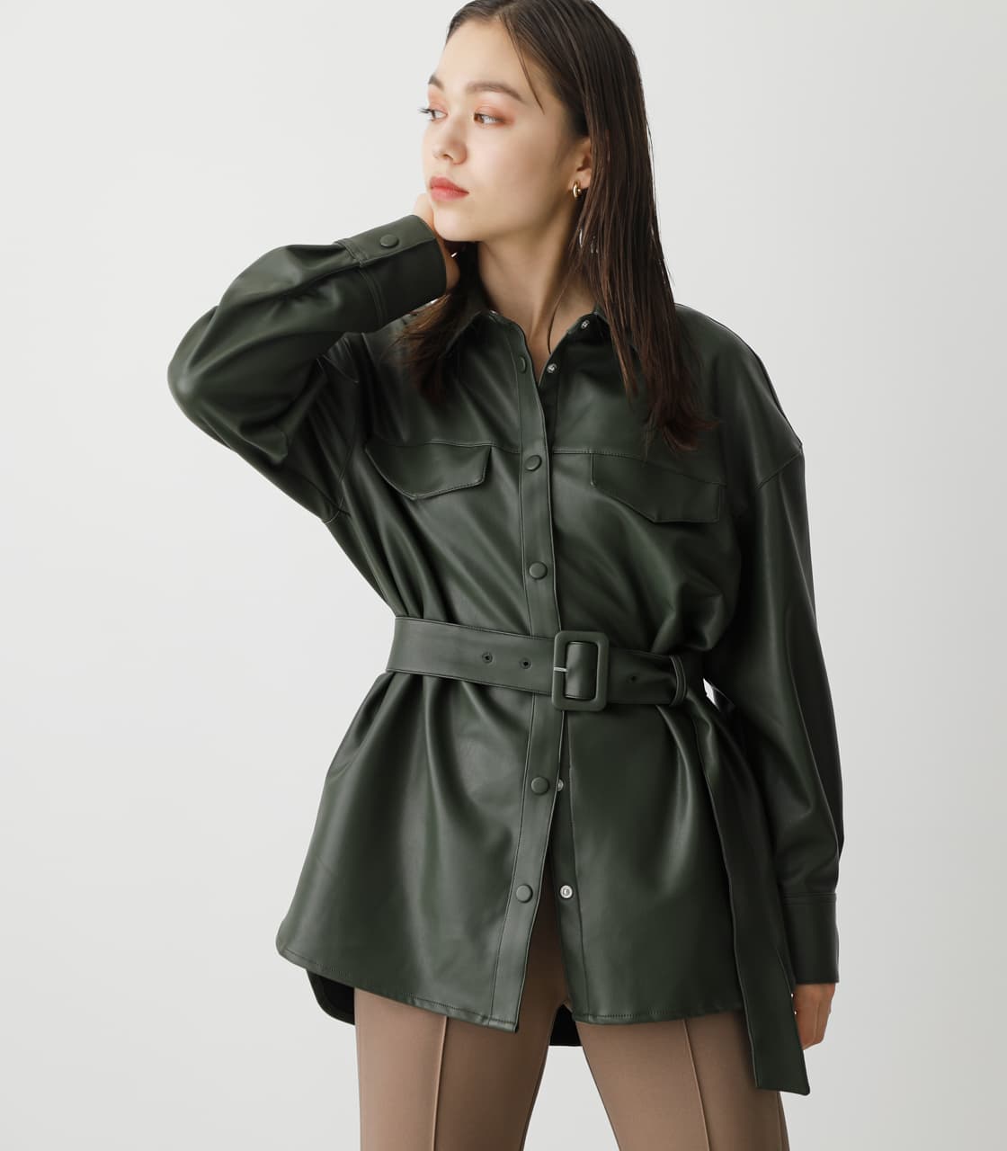 FAUX LEATHER SHIRT JACKET｜S｜D/GRN｜ジ 