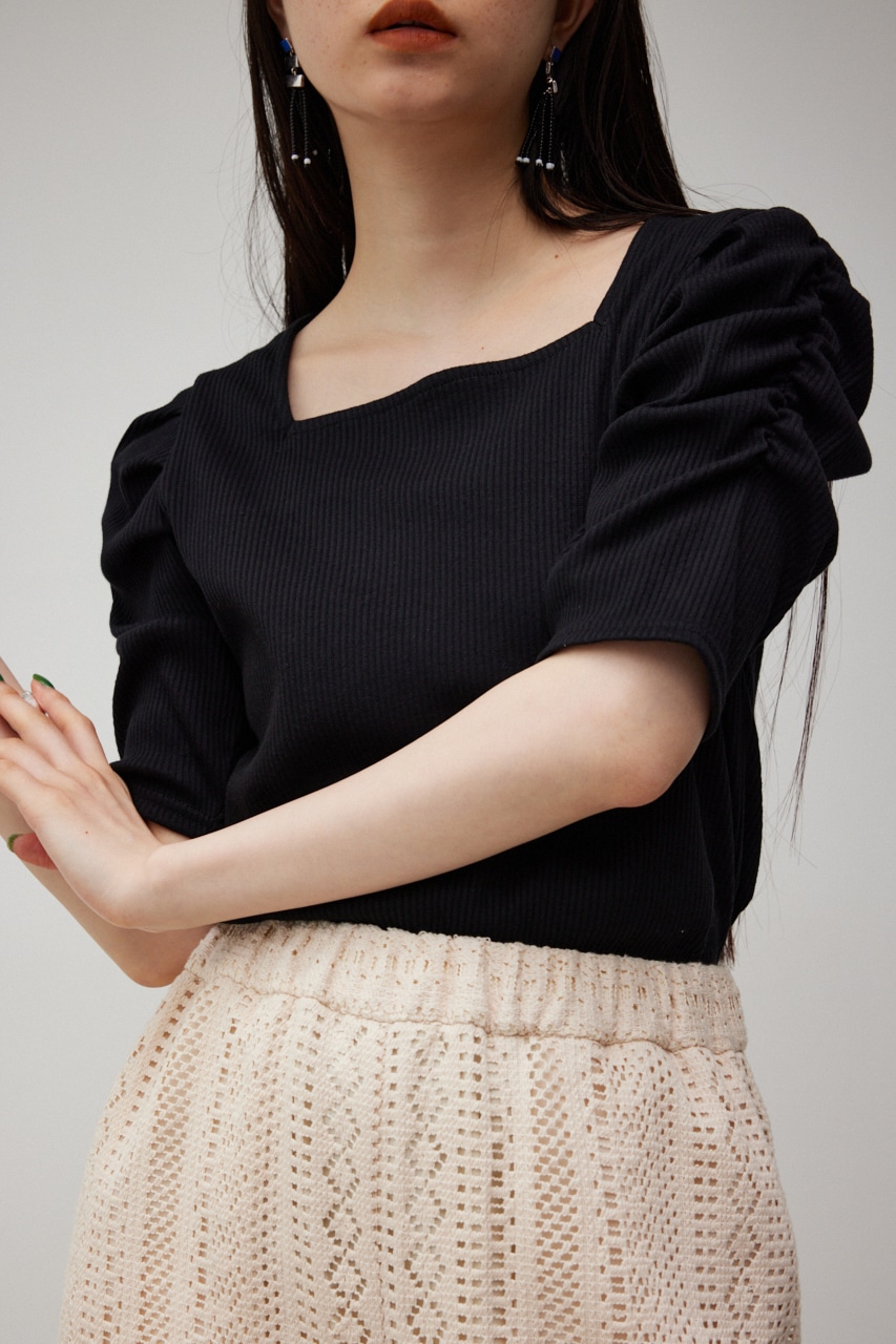 2WAY GATHER SLEEVE RIB TOPS