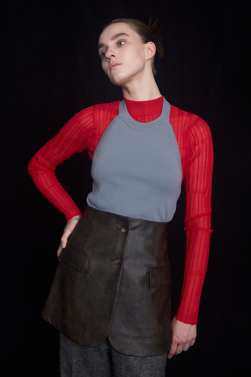 【PLUS】ホルターネックレイヤードセットニット RED FREE