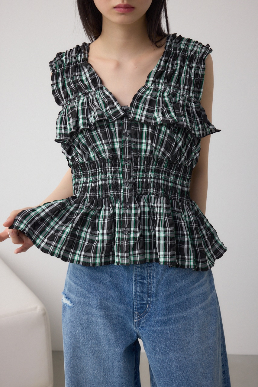 チェックシャーリングペプラムブラウス 柄BLK FREE