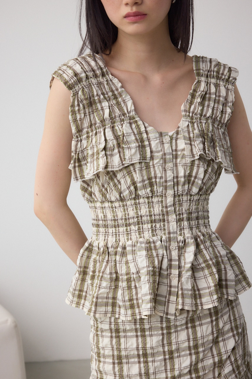 チェックシャーリングペプラムブラウス 柄WHT FREE