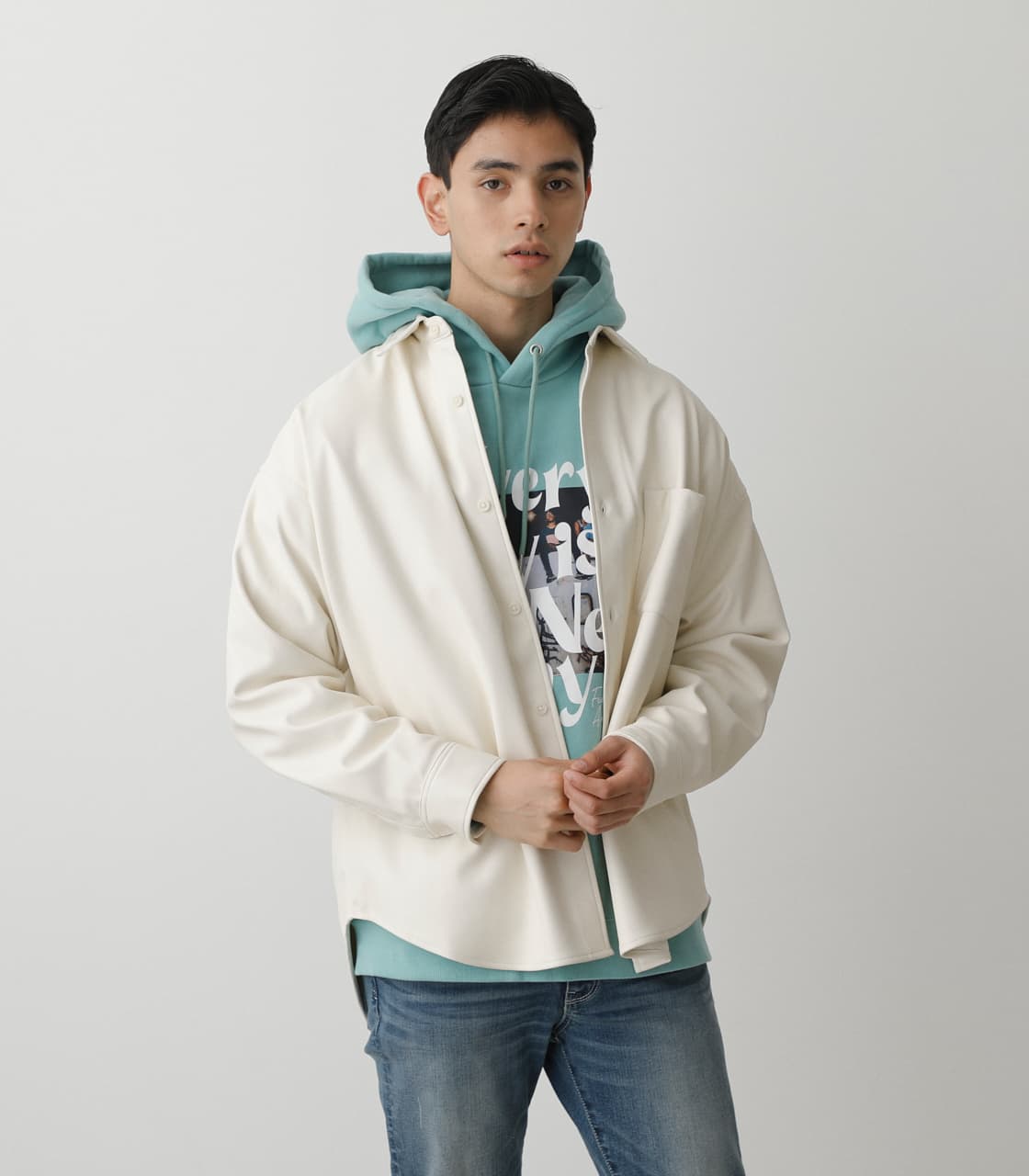 FAUX LEATHER SHIRT JACKET｜M｜O/WHT｜ジ 