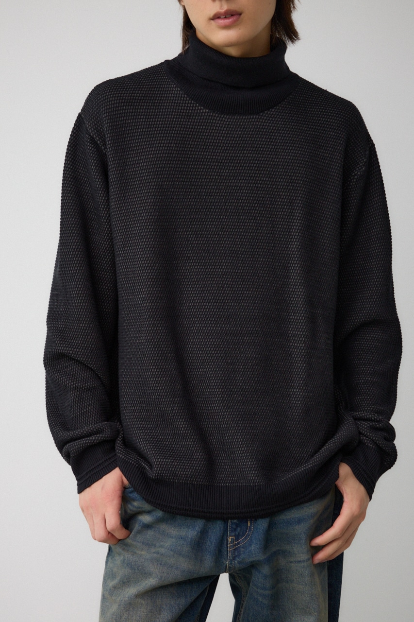 ハニカムタートルネックニット BLK L