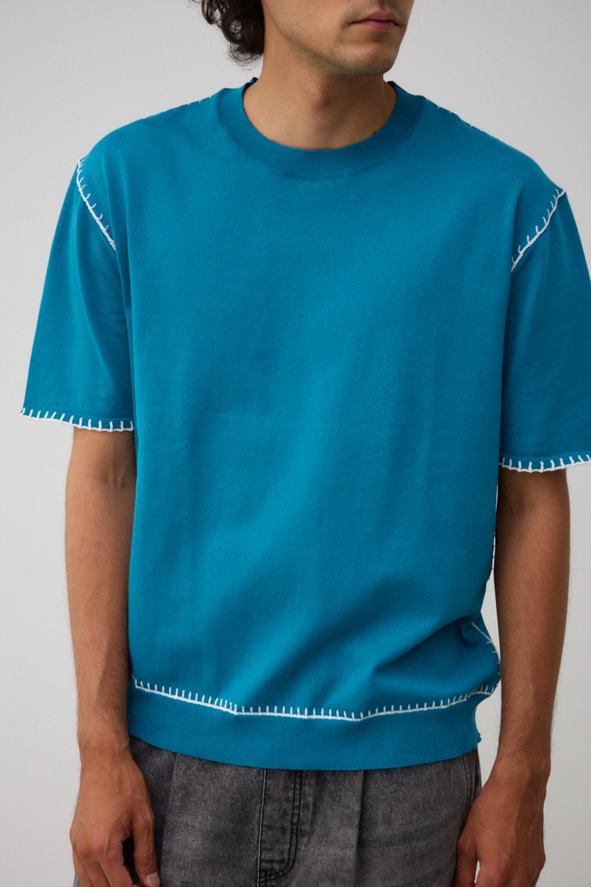 ブランケットステッチ半袖ニット BLU FREE