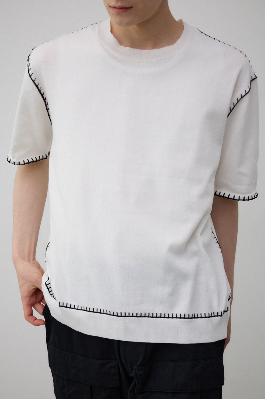 ブランケットステッチ半袖ニット O/WHT FREE