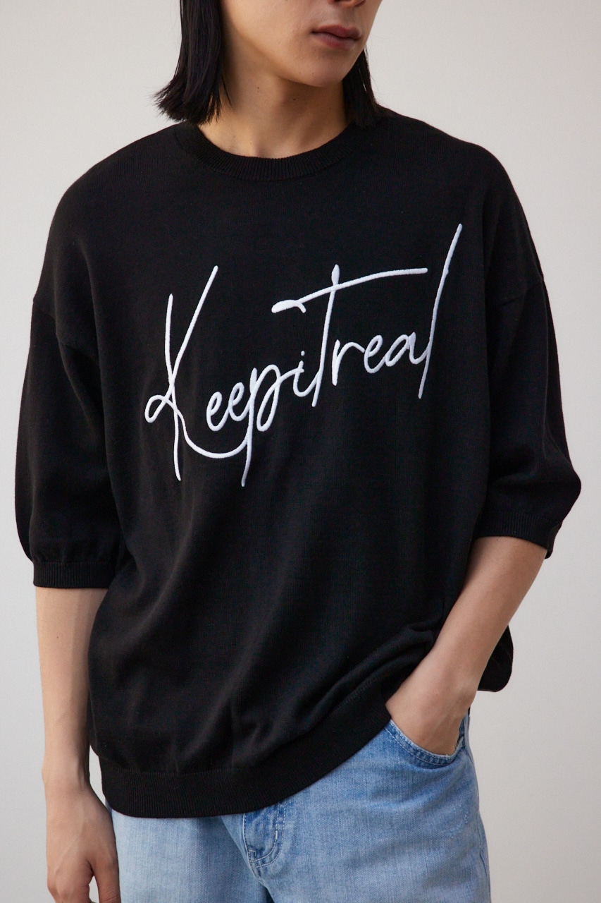 3D刺繍半袖ニットトップス BLK FREE