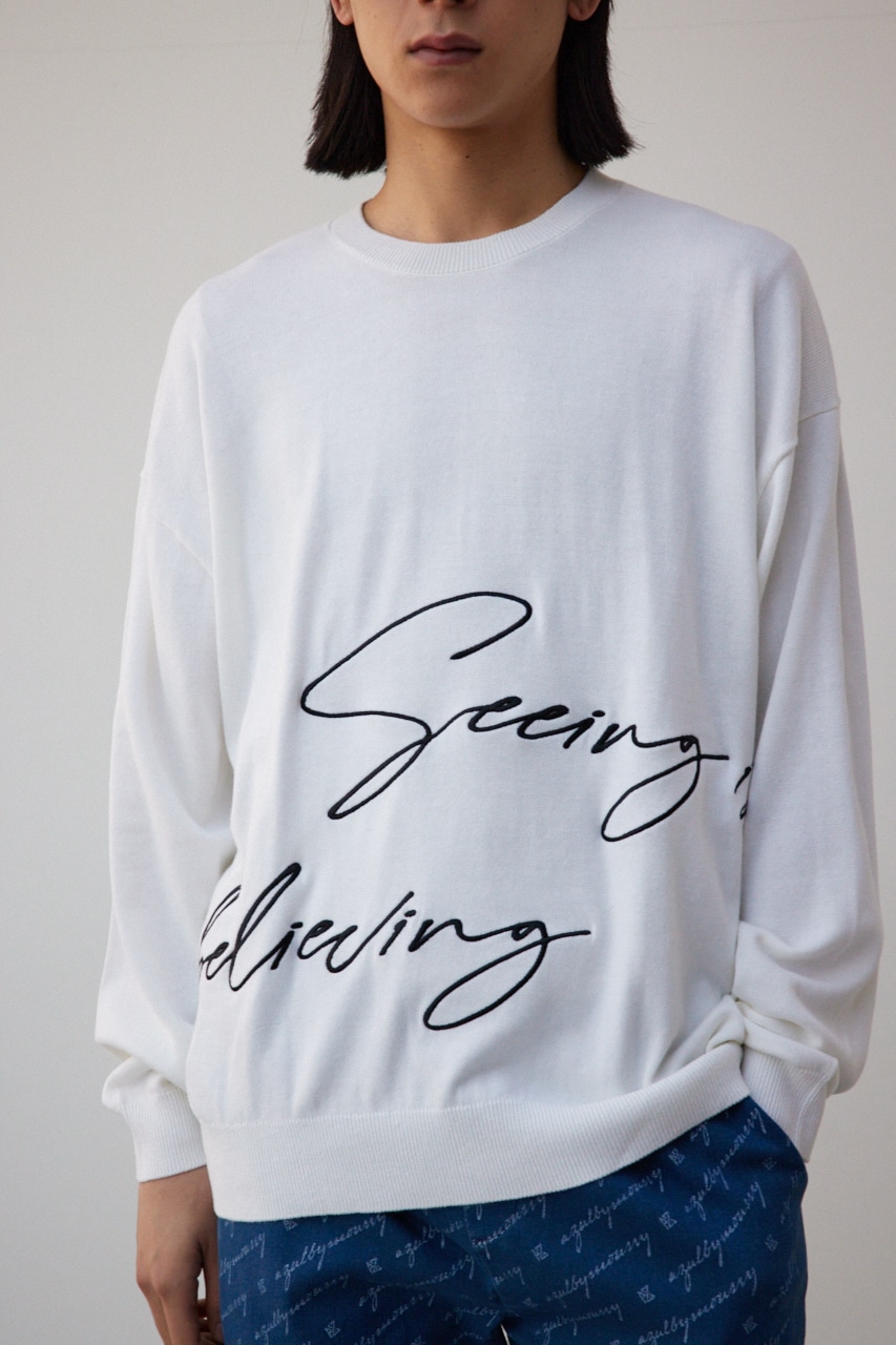 3D刺繍長袖ニットトップス WHT FREE