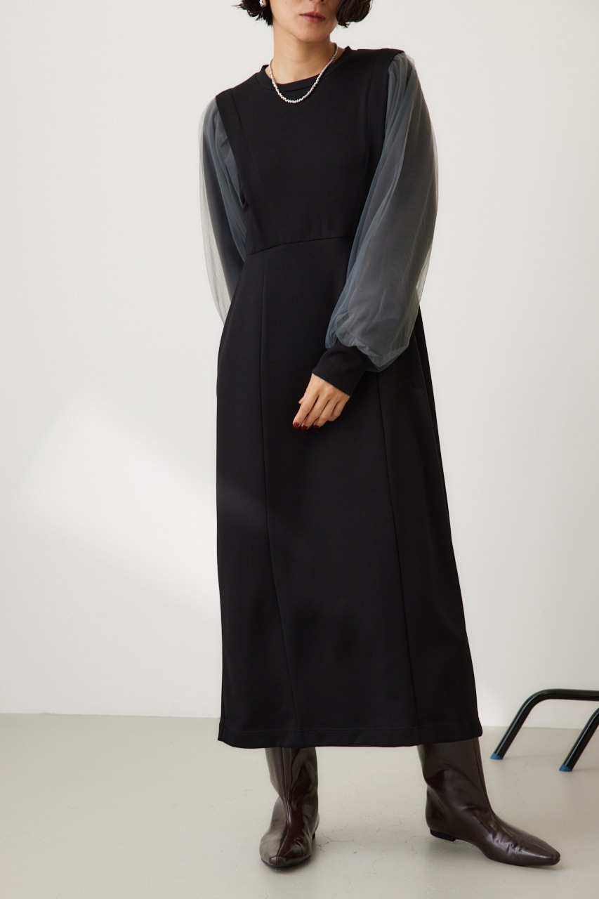 チュールスリーブドッキングワンピース BLK FREE