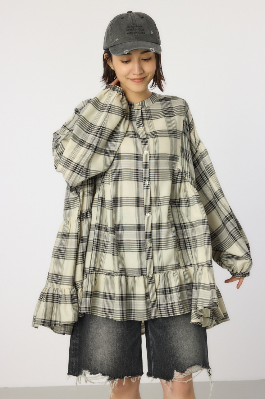 マルチチェックティアードチュニック 柄BLK FREE