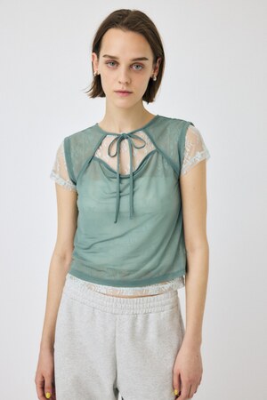 LACE LAYERED OPEN NECK トップス