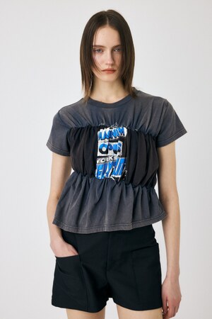 Docking T-Shirt ブラック Different Material Docking Prime-Over Puckering Short Sleeve