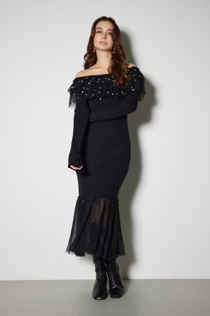 チュールコンビオフショルニットワンピース