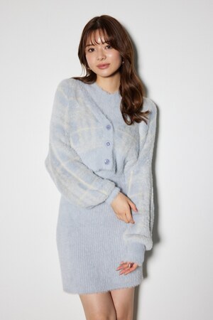 チェックジャガードカーディガンSETオフタートルニットミニワンピース