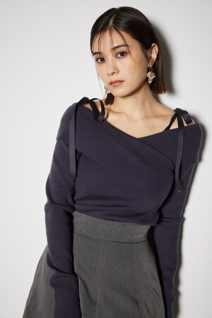 2WAYショルダーリボンクロス ニット トップス