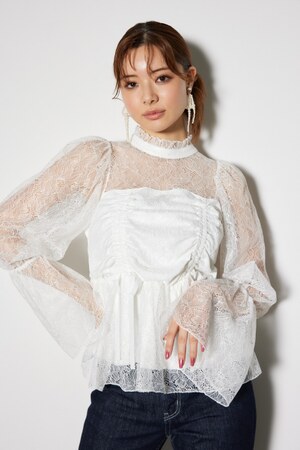 コルセット風シャーリングレースブラウス