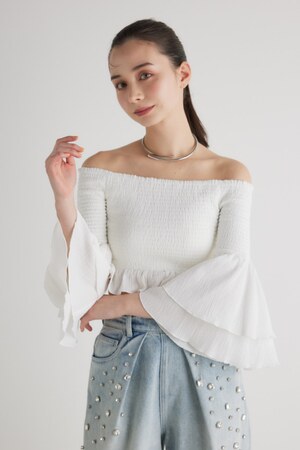 シャーリングオフショルクロップドTOP