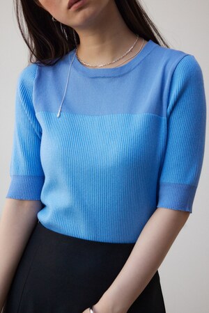 シアー切替5分袖リブニットトップス