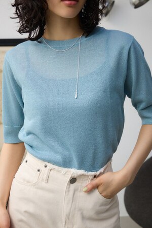 シアーラメ5分袖ニットトップス