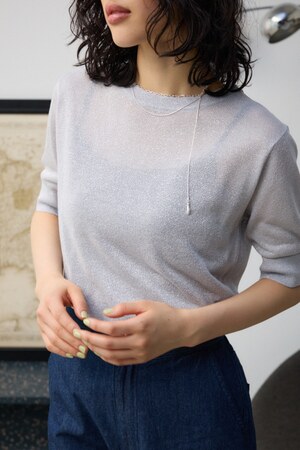 シアーラメ5分袖ニットトップス