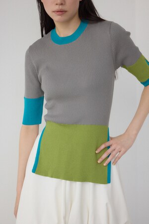 【PLUS】カラーブロッキング5分袖ニット