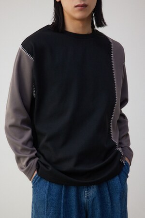 バイカラーブランケットステッチ長袖トップス