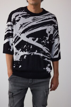 アブストラクトジャガード5分袖ニット