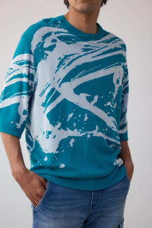 アブストラクトジャガード5分袖ニット