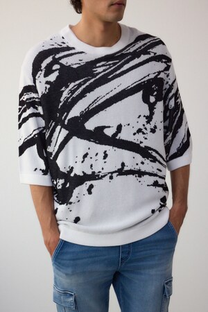 アブストラクトジャガード5分袖ニット