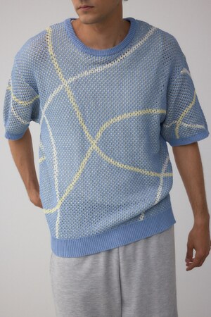 ライン柄クルーネック半袖ニット