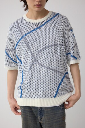 ライン柄クルーネック半袖ニット