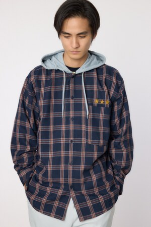 フーデッドチェックシャツ