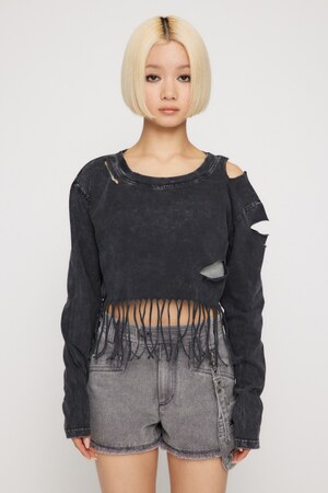 DAMAGE HEM FRINGE トップス