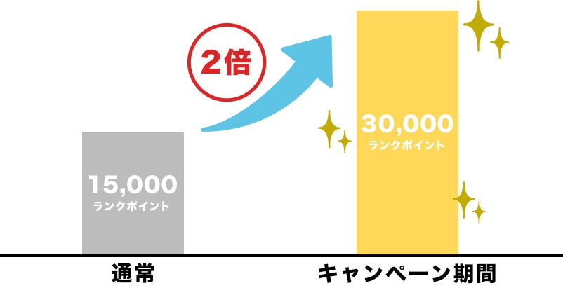 対象アイテムを15,000円(税抜)ご購入で、通常15,000ランクポイントのところ、30,000ランクポイント付与